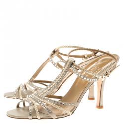 Pre Owned Valentino Beige Crystal Embellished Satin T Strap Sandals Size 39.5