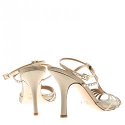 Pre Owned Valentino Beige Crystal Embellished Satin T Strap Sandals Size 39.5