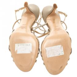 Pre Owned Valentino Beige Crystal Embellished Satin T Strap Sandals Size 39.5