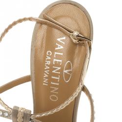 Pre Owned Valentino Beige Crystal Embellished Satin T Strap Sandals Size 39.5