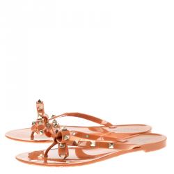 Pre Owned Valentino Orange Jelly Rockstud Bow Flat Sandals Size 39