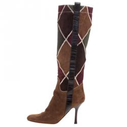 Pre Owned Valentino Multicolor Diamond Stitched Suede Knee Boots Size 37.5