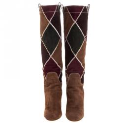 Pre Owned Valentino Multicolor Diamond Stitched Suede Knee Boots Size 37.5