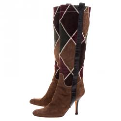 Pre Owned Valentino Multicolor Diamond Stitched Suede Knee Boots Size 37.5