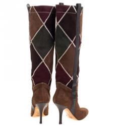 Pre Owned Valentino Multicolor Diamond Stitched Suede Knee Boots Size 37.5