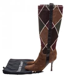 Pre Owned Valentino Multicolor Diamond Stitched Suede Knee Boots Size 37.5