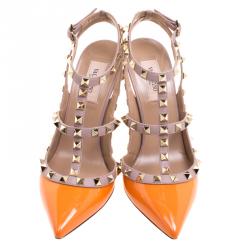 Pre Owned Valentino Beige and Orange Patent Leather Rockstud Sandals Size 38.5