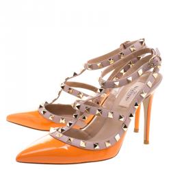 Pre Owned Valentino Beige and Orange Patent Leather Rockstud Sandals Size 38.5