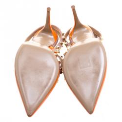 Pre Owned Valentino Beige and Orange Patent Leather Rockstud Sandals Size 38.5