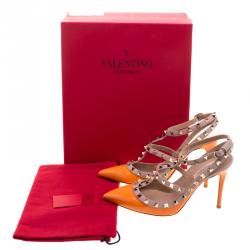Pre Owned Valentino Beige and Orange Patent Leather Rockstud Sandals Size 38.5