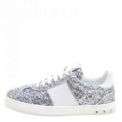 Pre Owned Valentino Silver/White Glitter and Leather Fly Crew Lace Up Sneakers Size 38
