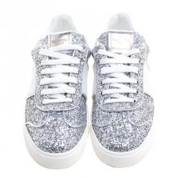 Pre Owned Valentino Silver/White Glitter and Leather Fly Crew Lace Up Sneakers Size 38