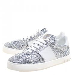 Pre Owned Valentino Silver/White Glitter and Leather Fly Crew Lace Up Sneakers Size 38