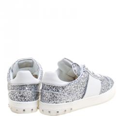 Pre Owned Valentino Silver/White Glitter and Leather Fly Crew Lace Up Sneakers Size 38