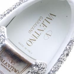 Pre Owned Valentino Silver/White Glitter and Leather Fly Crew Lace Up Sneakers Size 38