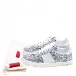 Pre Owned Valentino Silver/White Glitter and Leather Fly Crew Lace Up Sneakers Size 38