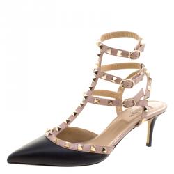 Pre Owned Valentino Black/Beige Leather Rockstud Sandals Size 40