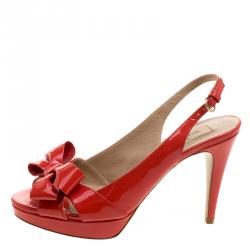 Pre Owned Valentino Red Patent Bow Slingback Platform Sandals Size 38
