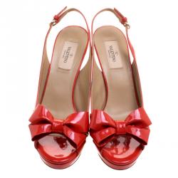 Pre Owned Valentino Red Patent Bow Slingback Platform Sandals Size 38