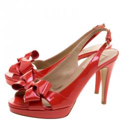 Pre Owned Valentino Red Patent Bow Slingback Platform Sandals Size 38