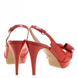 Pre Owned Valentino Red Patent Bow Slingback Platform Sandals Size 38