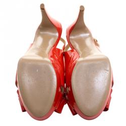 Pre Owned Valentino Red Patent Bow Slingback Platform Sandals Size 38