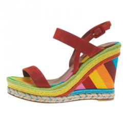 Pre Owned Valentino Multicolor Canvas Suede Wedge Sandals Size 36.5