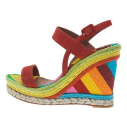 Pre Owned Valentino Multicolor Canvas Suede Wedge Sandals Size 36.5