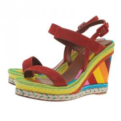 Pre Owned Valentino Multicolor Canvas Suede Wedge Sandals Size 36.5