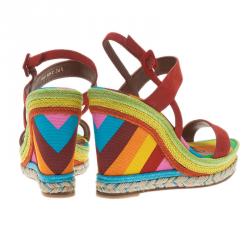 Pre Owned Valentino Multicolor Canvas Suede Wedge Sandals Size 36.5