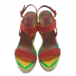 Pre Owned Valentino Multicolor Canvas Suede Wedge Sandals Size 36.5