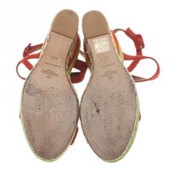 Pre Owned Valentino Multicolor Canvas Suede Wedge Sandals Size 36.5