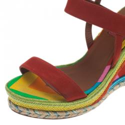 Pre Owned Valentino Multicolor Canvas Suede Wedge Sandals Size 36.5