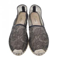 Pre Owned Valentino Black Lace and Leather Espadrilles Size 39