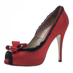 Pre Owned Valentino Red Satin and Lace Trim Dentelle Peep Toe Pumps Size 37