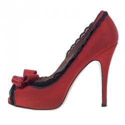 Pre Owned Valentino Red Satin and Lace Trim Dentelle Peep Toe Pumps Size 37