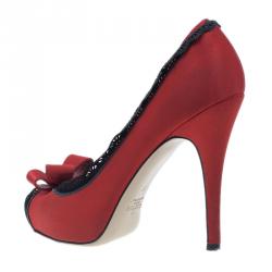 Pre Owned Valentino Red Satin and Lace Trim Dentelle Peep Toe Pumps Size 37