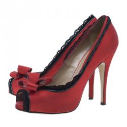 Pre Owned Valentino Red Satin and Lace Trim Dentelle Peep Toe Pumps Size 37