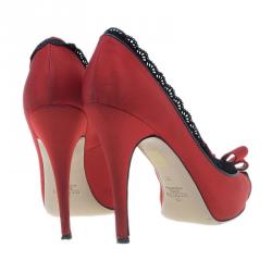 Pre Owned Valentino Red Satin and Lace Trim Dentelle Peep Toe Pumps Size 37