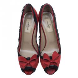 Pre Owned Valentino Red Satin and Lace Trim Dentelle Peep Toe Pumps Size 37