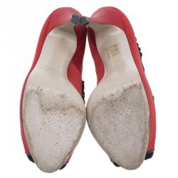 Pre Owned Valentino Red Satin and Lace Trim Dentelle Peep Toe Pumps Size 37