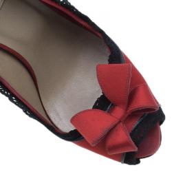 Pre Owned Valentino Red Satin and Lace Trim Dentelle Peep Toe Pumps Size 37