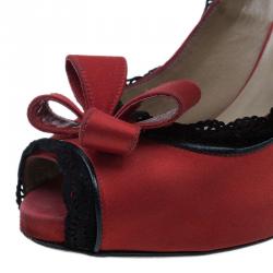 Pre Owned Valentino Red Satin and Lace Trim Dentelle Peep Toe Pumps Size 37
