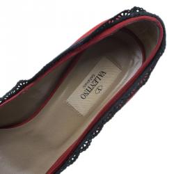 Pre Owned Valentino Red Satin and Lace Trim Dentelle Peep Toe Pumps Size 37