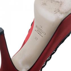 Pre Owned Valentino Red Satin and Lace Trim Dentelle Peep Toe Pumps Size 37