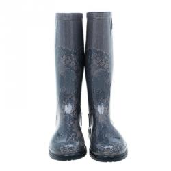 Pre Owned حذاء بوت فالينتينو أسود و دانتيل بيج للمطر مقاس 40