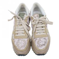 Pre Owned Valentino Beige Macramé Lace Sneakers Size 37.5