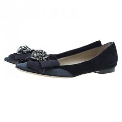 Pre Owned Valentino Black Suede and Satin Crystal Bow Ballet Flats Size 37.5