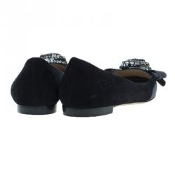 Pre Owned Valentino Black Suede and Satin Crystal Bow Ballet Flats Size 37.5