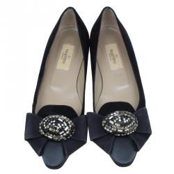 Pre Owned Valentino Black Suede and Satin Crystal Bow Ballet Flats Size 37.5
